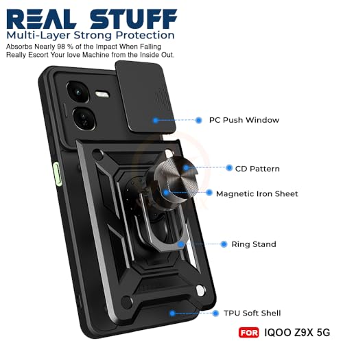 Image of Armor Bumper Back Cover Case for IQOO Z9X Rotating Camera Cover, Ring Holder & Kickstand | Heavy Duty & 360 Degree Protection IQOO Z9X Back Cover (Black)