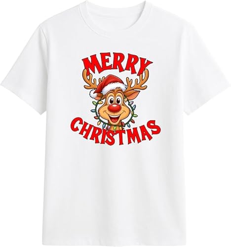 PB TECH Funny Reindeer Merry Christmas Family White T-Shirt - Unisex Adults Merry Xmas T-Shirt - Funny Santa Shirt for Women and Men Unisex (UK, Alpha, M, Regular, Regular)