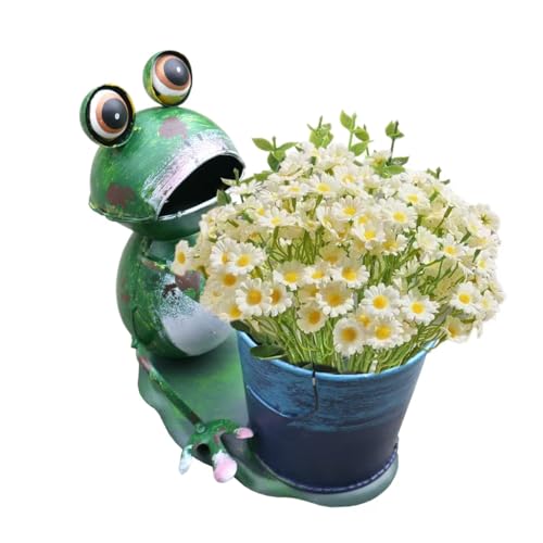 Green Frog Ornamental Planter Animal Garden Sculpture Rustic Distressed Metal Patio Frogs Ornament Home indoor Flower Pot Herb Vase table decoration Gift (A)