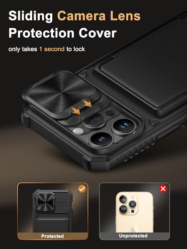 Image of Vihibii for iPhone 14 Pro Max Back Cover with Card Holder (4 Cards) [RFID Blocking] & Slide Camera Cover, Military Grade Drop Protection, Rugged Hard Back & Silicone Edge Wallet Phone Case 6.7 inch, Black