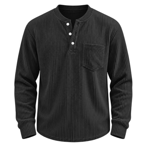Mens Corduroy Shirt Henley Long Sleeve Button Down Pullover Shirts Pocket - image 8