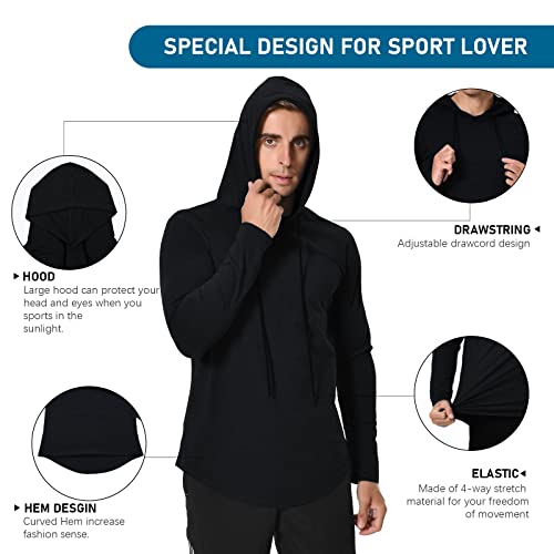 Meetyoo Long Sleeve Workout Hoodie Shirts For Men, Lightweight Athletic Running Hooded T-Shirt Gym Fishing Sweatshirts Black #TOP2