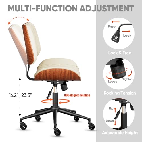 Image of Armless Office Chair with Silent Rubber Wheels, Mid Century Modern Small Desk Chair, No Arms Leather Computer Chair for Home Office, Swivel Vanity Chair, Rolling, Adjustable Height (Cream)