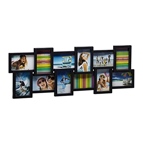 Relaxdays Collage, Bildergalerie, Fotorahmen XL zum Aufhängen, mehrere Fotos, schwarz Bilderrahmen 81 x 30 cm 12 Bilder, Plastik, 10 x 15 cm