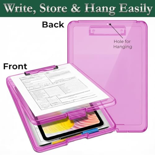 Image of Yajnas A4 Size Clipboard with Storage Box | 180 Foldable Exam Pad & Writing Board | Heavy Duty Plastic File Folder with Pen Holder & Paper Storage for Students, Office & Field Use (Magenta)
