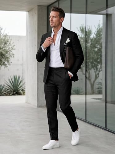 Image of Men's Linen Suit 2 Piece Slim Fit Summer Beach Wedding Prom Party | Breathable,Linen Blazer Suit Set,for Beach Weddings,Groom Wear,Prom and Outdoor Parties,Business Casual,Vacation Daily Wear