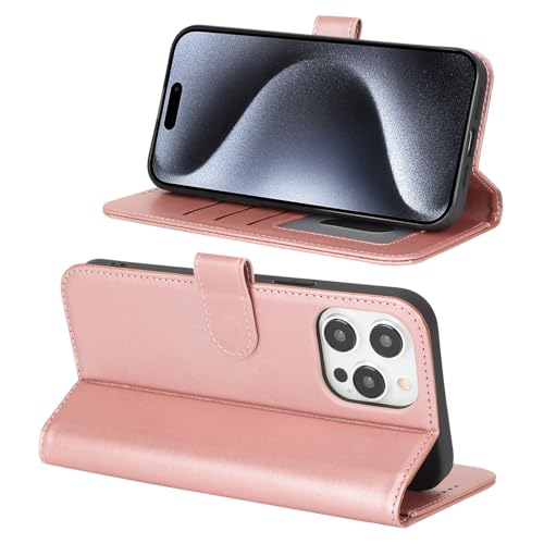Image of for iPhone 15 Pro Case Wallet with Card Holder,for iPhone 15 Pro Wallet Case for Women Men,PU Leather Shockproof Magnetic Buckle Stand Flip Phone Case-Rose Gold