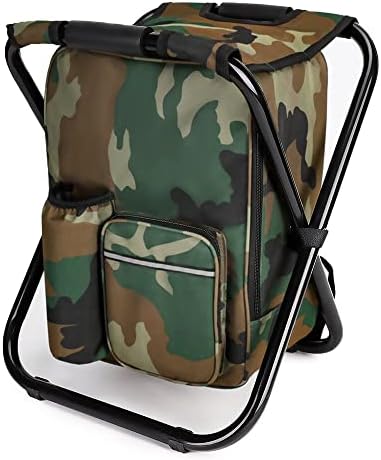 YESIACE Large Size Portable Hiking Camouflage Camping Stool, 3 in1 Multifunction Fishing Backpack Chair, Folding Camping Chair Stool with Cooler Insulated Picnic Bag