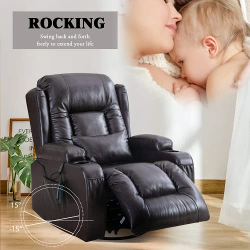 Obbolly Swivel Rocker Recliner Chair With Massage, Manual Glider Rocking Recliner Chair, Wingback Design 360° Swivel Chair With Lumbar Pillow, Cup Holders For Living Room (Brown-Pu, Single) #TOP3