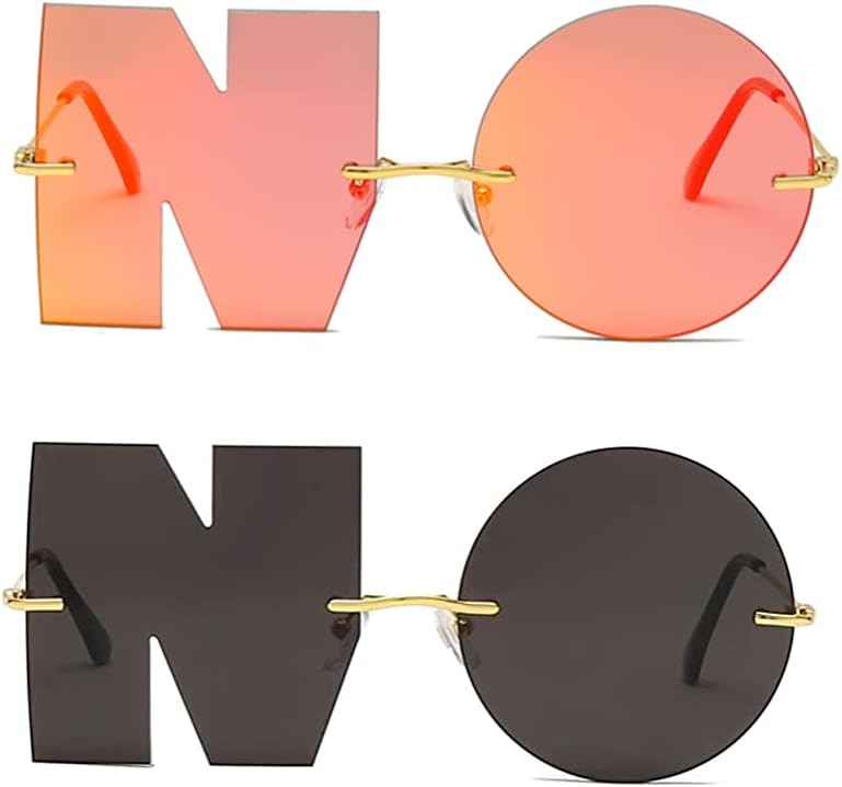 Letter NO Party Rimless Irregular Design Sunglasses For Men/Women UV400 Streetwear Eyewears (black+red) - Image 2