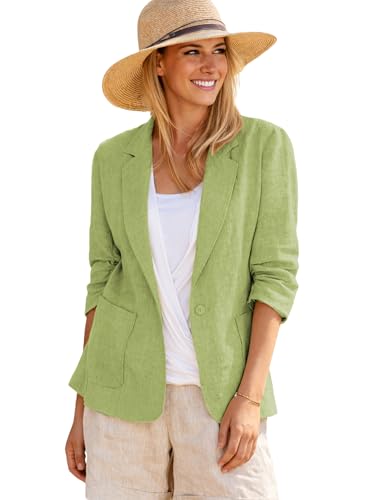 Image of Mina Self 2026 Summer Women's Linen Blazer Jacket - Lightweight Breathable 3 /4 Stretchy Ruched Sleeve Casual Work with Pocket