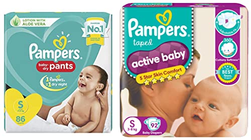 Image of Pampers All round Protection Pants, Small size baby diapers (SM) 86 Count, Lotion with Aloe Vera & Active Baby Taped Diapers, Small size diapers, (SM) 92 count, taped style custom fit