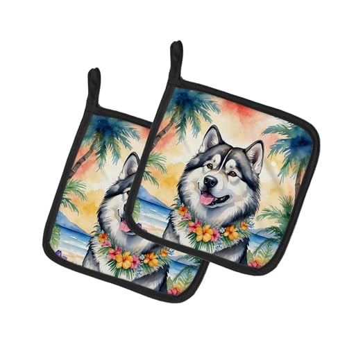 Caroline's Treasures Alaskan Malamute Luau Pair of Pot Holders Kitchen Heat Resistant Pot Holders Sets Oven Hot Pads for Cooking Baking BBQ, 7 1/2 x 7 1/2