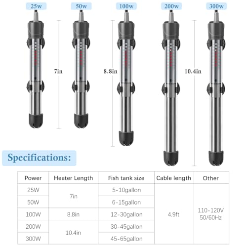 Image of HITOP 25W Adjustable Aquarium Heater, Submersible Fish Tank Heater Thermostat with Suction Cups for 5-10Gal