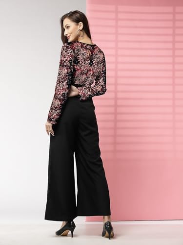 Image of LONDON BELLY Women's Polyester Semi-Formal Jumpsuit with Round Neck Half Sleeves Adjustable Waist Tie Abstract Pattern and Regular Fit | Women Stylish One Piece Outfit | Women Regular Fit Jumpsuit