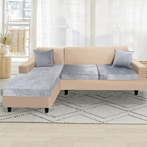 Naisi Sectional Couch Cover 3 Pieces Velvet Separate Couch Cushion Covers L Shape Soft Stretch Sofa Slipcovers With 2Pcs Pillowcases For Left/Right Chaise Sectional Couch(2 Seater+1 Chaise,Light Grey) #TOP6