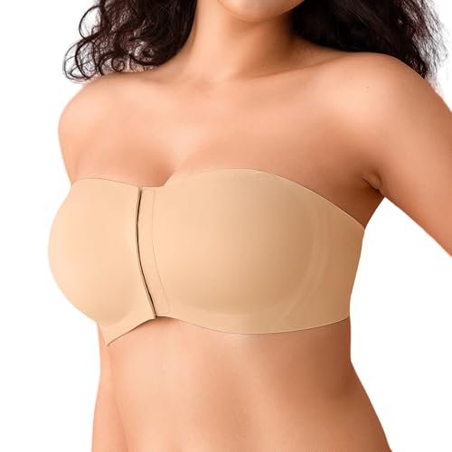 DEANGELMON Front Closure Strapless Bras for Women Non-Slip Bandeau Wireless Push Up Padded Tube Top Seamless Supportive Bra Skin-1pcs X-Large