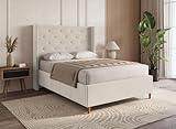 beige DecoInParis Lit Double en Velours capitonné Beige MAREVA 140x190 cm