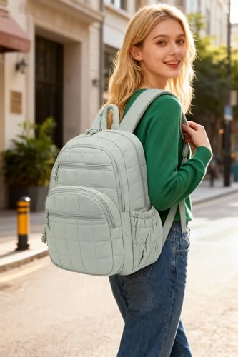 Image of Bookbag for Women, Teen Girls Backpack for High School College Student, Puffer Quilted Back Pack Cute Laptop Backpack for Work Travel Mom Casual Daypack, Green