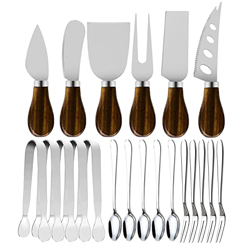 YUANQIAN Cheese Knife Set,6pcs Cheese Spreader Knives with Black Walnut Handle Steel Stainless 6 Slate Markers 4 Mini Spoons 4 Forks for Charcuterie Board Accessories
