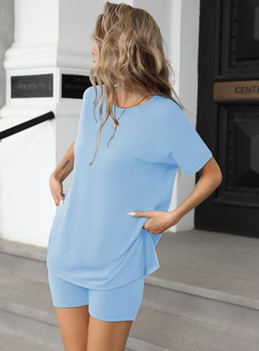 Image of Ekouaer Women's 2 Piece Lounge Set 2026 Summer Biker Shorts Set Outfits Short Sleeve Oversized Top Matching Tracksuit