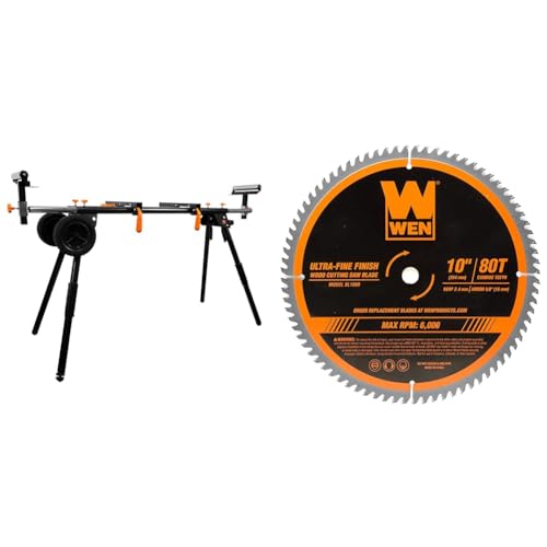 WEN Miter Saw Stand, Collapsible and Rolling with 3 Onboard Outlets (MSA330) & BL1080 10-Inch 80-Tooth Carbide-Tipped Ultra-Fine Finish Professional Woodworking Saw Blade for Miter Saws and Table Saws