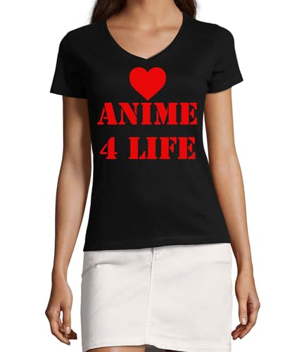 T-shirt à col en V Anime 4 Life en coton noir pour femme au style décontracté
