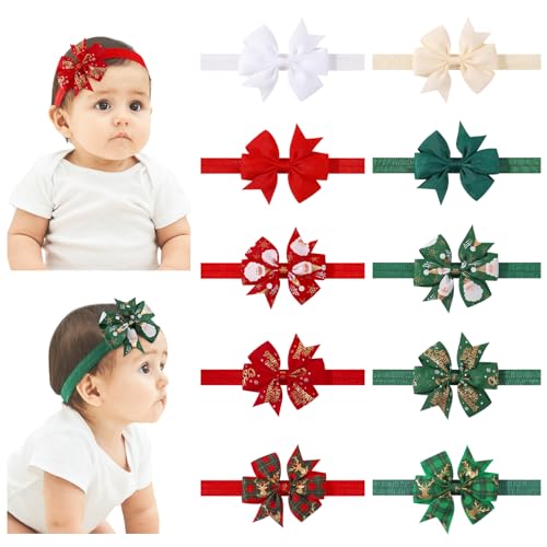 Image of jollybows 10pcs Christmas Baby Bows Headbands Soft Stretchy Grosgrain Ribbon Hairbands with Bows Christmas Headbands Hair Accessories for Newborn Baby Girls Infant Toddlers Kids