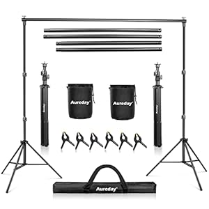 Aureday Backdrop Stand, 10×7 Ft Adjustable Photo Backdrop Stand Kit with 4 Crossbars, 6 Background Clamps, 2 Sandbags, and Carrying Bag for Parties/Wedding/Photography/Festival Decoration