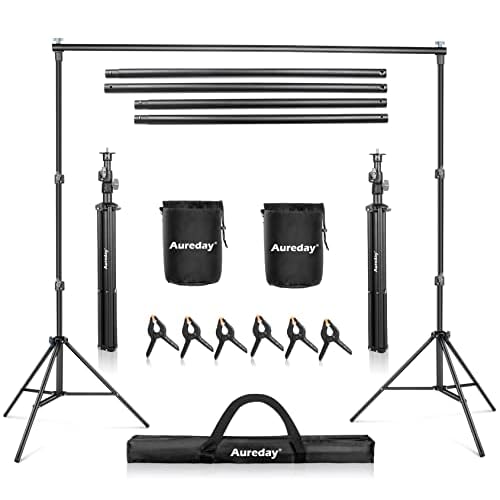 Aureday Backdrop Stand, 10x7Ft Adjustable Photo Backdrop Stand Kit with 4 Crossbars, 6 Background Clamps, 2 Sandbags, and Carrying Bag for Parties/Wedding/Photography/Festival Decoration