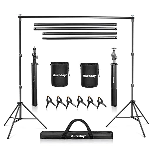 Aureday Backdrop Stand, 10Ft Adjustable Photo Backdrop Stand Kit with 4 Crossbars, 6 Background Clamps, 2 Sandbags, and Carrying Bag for Parties/Wedding/Photography/Festival Decoration