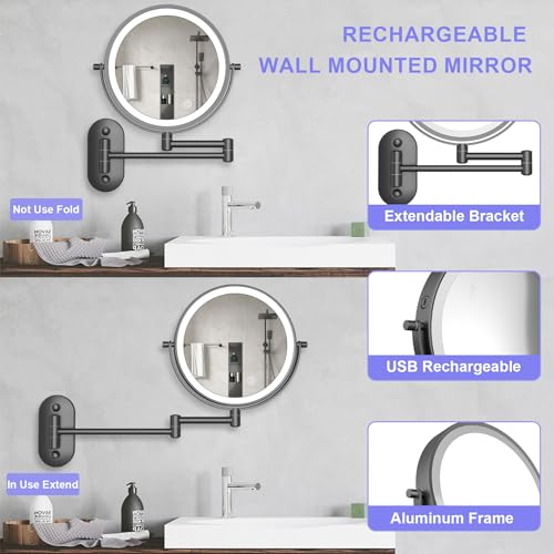 TUSHENGTU Espejo Maquillaje Pared con Luz Montado En La Pared De 8 Pulgadas con Aumento LED De 10x para Tocador, Baño Y Afeitado, Recargable por USB, Brillo Ajustable para Hotel Negro (8CBB10X) - imagen 2