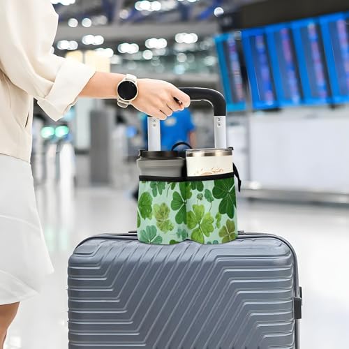 Image of Luggage Cup Holder for Suitcases Free Hands Suitcase Cup Holder Travel Luggage Drink Holder Portable Luggage Cup Caddy Bag Carrier with Handle Green Nature St Patrick Clovers