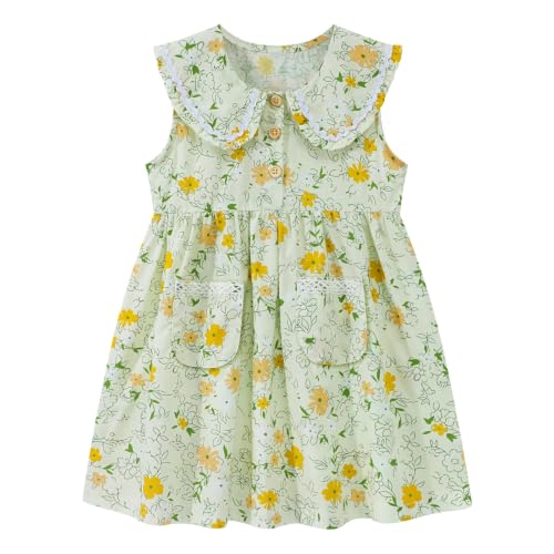 Image of HILEELANG Girls Cotton Dress Sleeveless Peter Pan Collar with Pockets | Soft Cotton, Functional Buttons, Front Pockets, Peter Pan Collar, Ric Rac Trim for Toddler & Little Girls