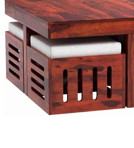 Image of Coffee Table with 4 Stools, Walnut Finish | Sheesham Wood, For Living Room, Wooden Center Teapoy Table