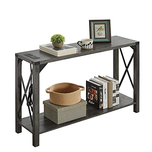 IRCPEN 42.5" Entryway Table with Charging Station, 2-Tier Skinny Sofa Table with Outlet, Farmhouse Console Table for Living Room, Entryway, Hallway, Foyer (Grey)