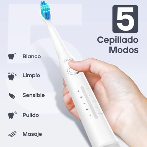 Seago cepillo de dientes eléctrico sónico, cepillo electrico con 8 cabezas, carga USB, cepillo de dientes eléctrico ultrasónicos 5 modos y temporizador, IPX7 Impermeable, para viaja (blanco) - imagen 5