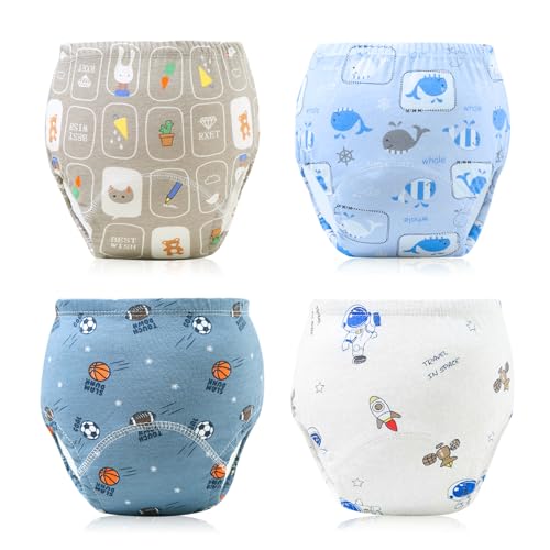 ANYOUI 4PCS Baby Potty Training Pants Breathable Potty Training Underwear Strong Absorbent Cotton Training Pants Toddler Training Underwear for 0-3 Years Boy and Girls Reusable Diapers L