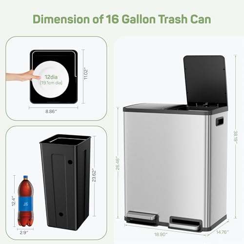 Caneca de basura de cocina 16 galones con pedal y doble compartimento miniatura 2
