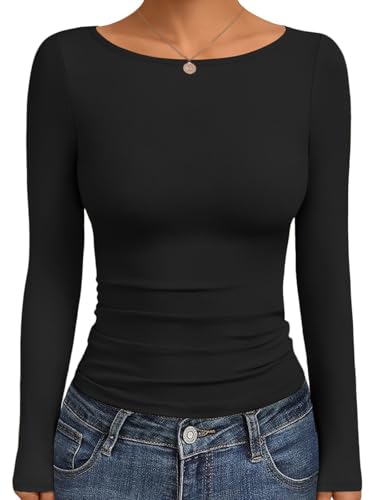 Ekouaer Long Sleeve Shirts for Women Boat Neck Tops Fall Fashion 2025 Ruched Fitted Thermal Underscrubs Black M