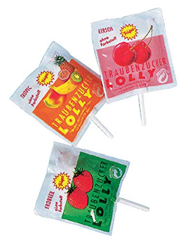 Frigeo Ahoj-Brause Traubenzucker-Lolly in drei Geschmacksrichtungen: Erdbeer Tropic und Kirsch 100 Stück im Eimer (750 g) | 100 Stück (1er Pack)