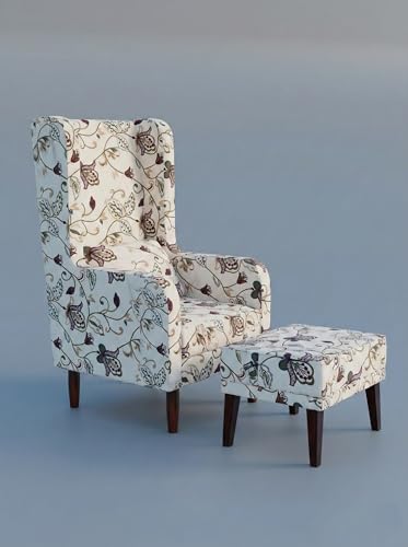 Image of Wooden Wing Chair with Ottoman Stool | Wingback for Living Room | High Density Foam | Accent Chair for Seating, Home Decor Furniture | (Ivory Vine, with Ottoman)