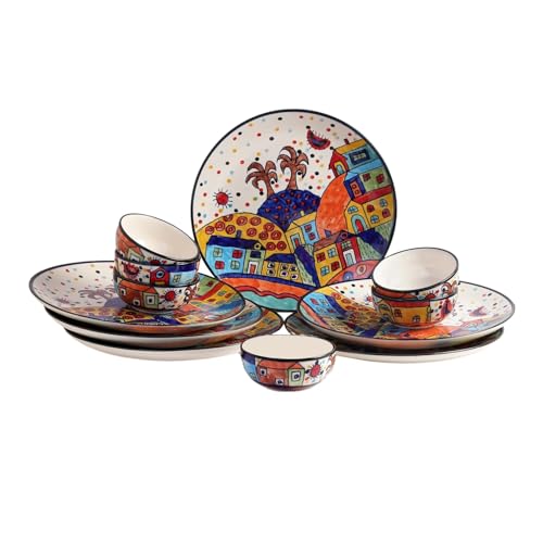 Image of Hut Family Hand-Painted Glossy Dinner Set Ceramic Stoneware Dinner Set of 12 Pieces | 6 Dinner Plate 10.3 Inch & 6 Serving Bowls 180 Ml | Dishwasher & Microwave Safe - Multicolor, Solid
