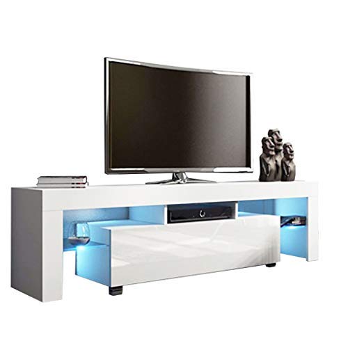 【US-in-Stock】 Modern LED TV Stand with LED Lights Glass Frame, TV Cabinet Television Media Storage Console Table with 2 Drawers Shelves, Living Room Furniture (Black, 47.2×15.7×13.4 inch)