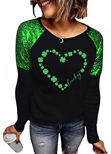 St Patricks Day T Shirt Womens Funny Shamrock Printed Sequined Splicing Sleeve Casual Lucky Clover Heart Graphic Tee Tops