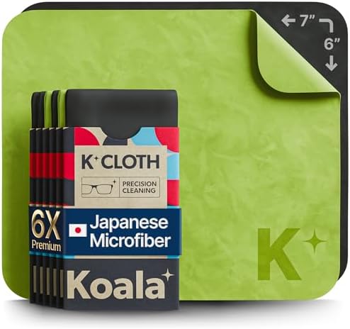 Koala Lens Cleaning Cloth | Japanese Microfiber | Glasses Cleaning Cloths | Eyeglass Lens Cleaner | Eyeglasses, Camera, VR/AR Headset, and Screen Cleaner | Black & Green (Pack of 6)