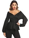 HOTLOOX Women Autumn Plus Size Puff Sleeve Peplum Shirts Tie Knot Off Shoulder Wrap Tops Black M