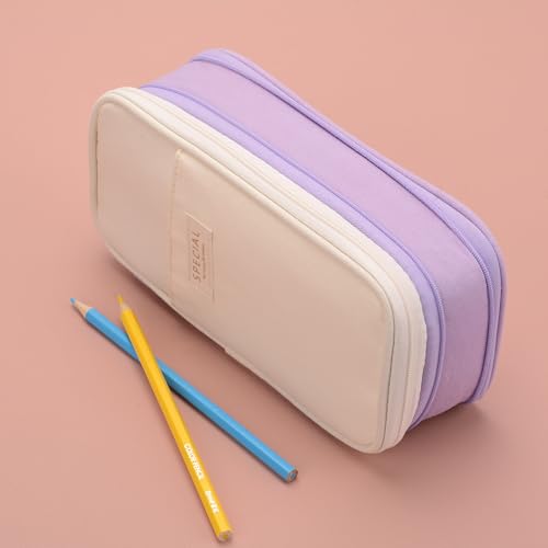 Image of Large Capacity Big Special Cute Aesthetic Preppy Canvas Pencil Case Organizer Holder Pouch Bag with Zipper Compartments, Pen Cases for Women Girls School Adults (Beige /Purple)