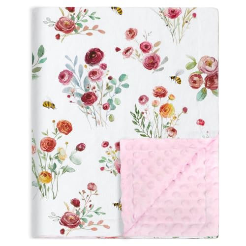 HOMRITAR Baby Blanket for Boys Girls Super Soft Minky Blanket Double Layer Dotted Backing, Receiving Blanket wtih Pink Floral Design 30 x 40 Inch