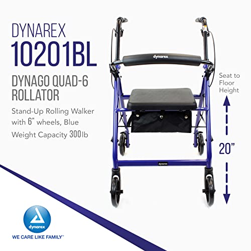 Dynarex Dynago Quad Rollator Is A 4 Wheel Rolling Walker With A Padded Seat, Backrest And Storage Pouch With A Durable Frame To Support 300 Lb. Weight Capacity, 6” Wheels, Blue Frame, 1 Rollator #TOP1